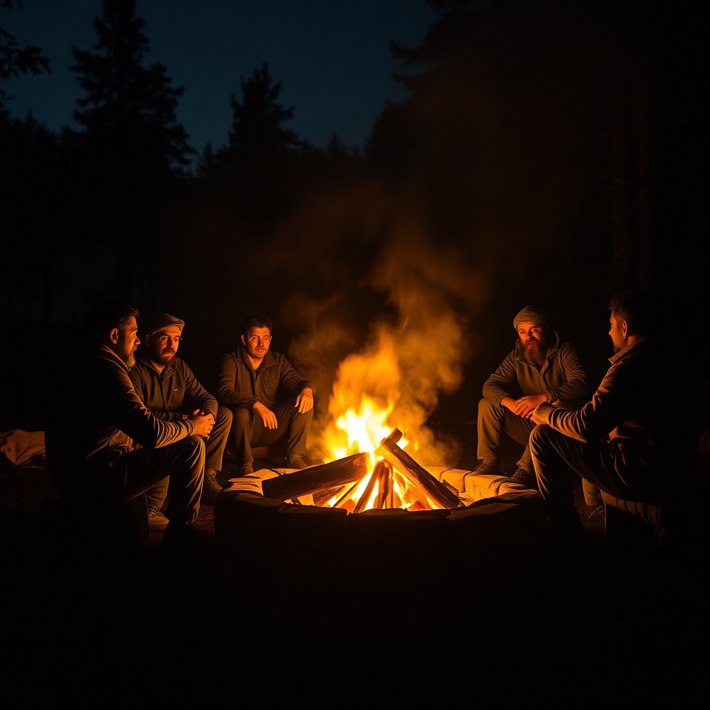 group of men sitting around campfire at night, warm orange firelight, cinematic dark atmosphere
