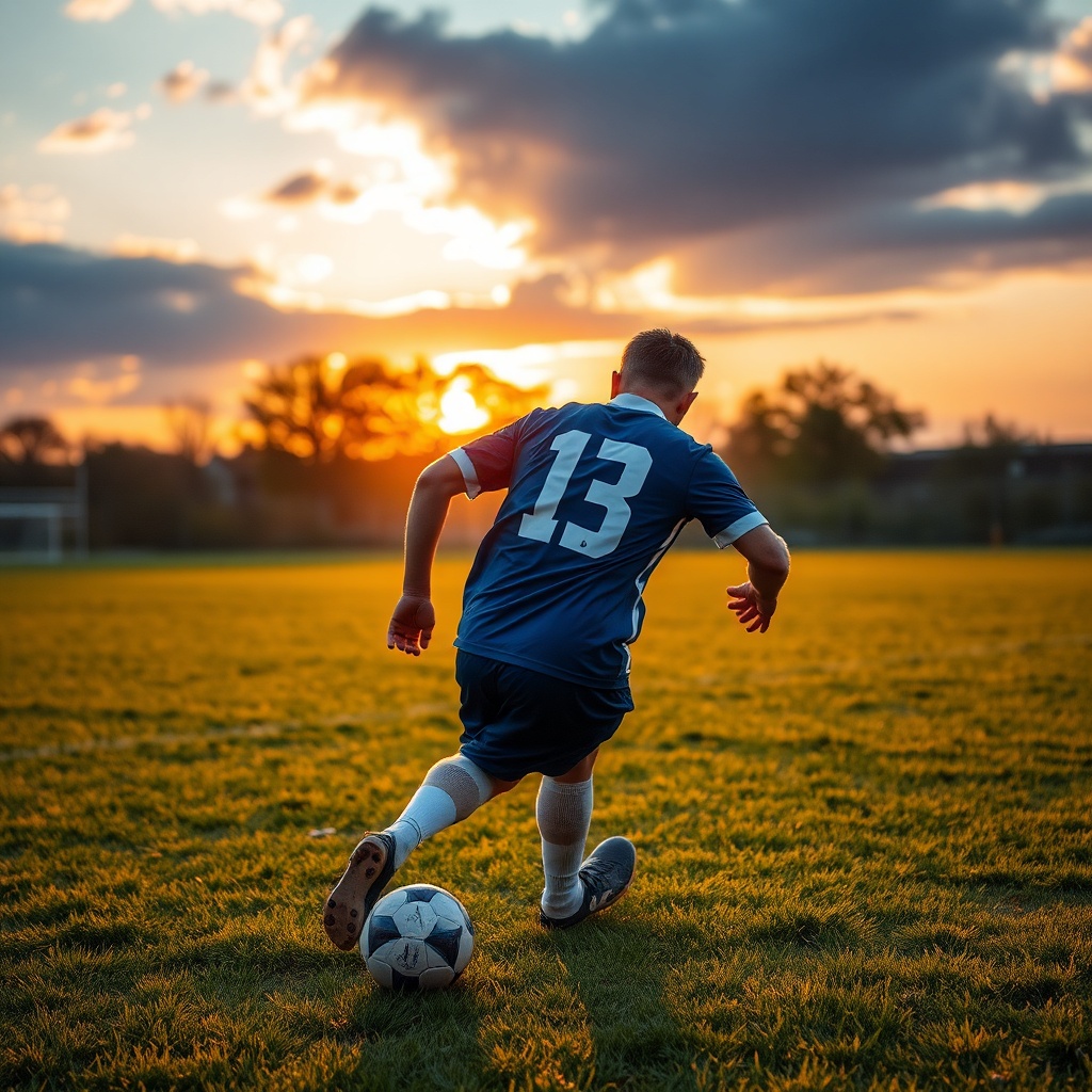 football on grass field at sunset, sports action