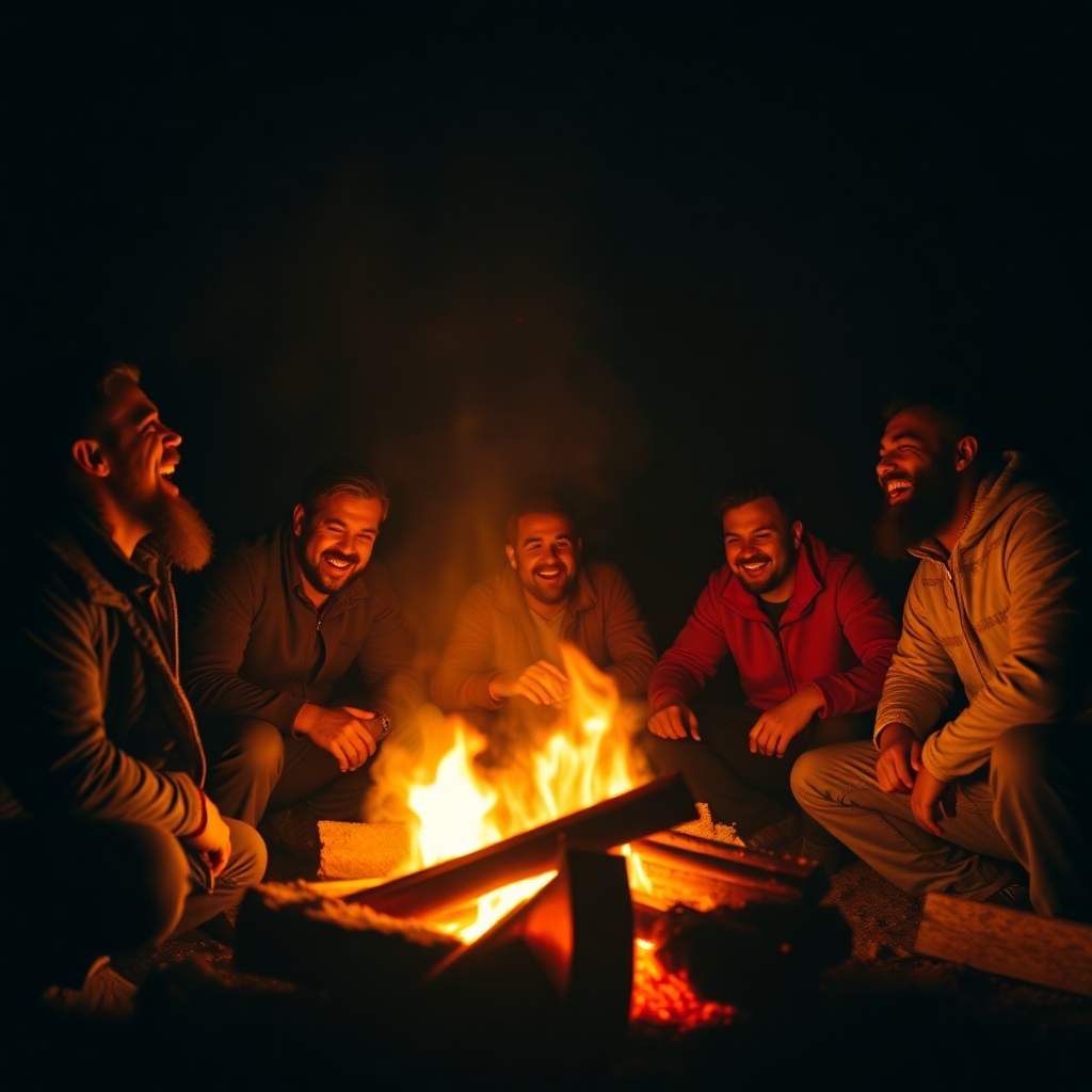 cinematic dark moody group of men laughing together around a campfire at night, warm orange